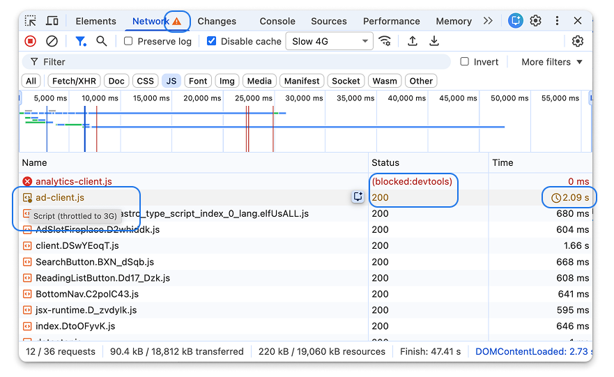 開發人員工具的「網路」面板，顯示遭封鎖和受到節流的要求指標。