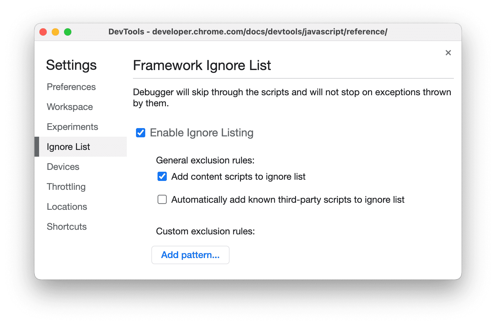 Settings DevTools to ignore extensions code.