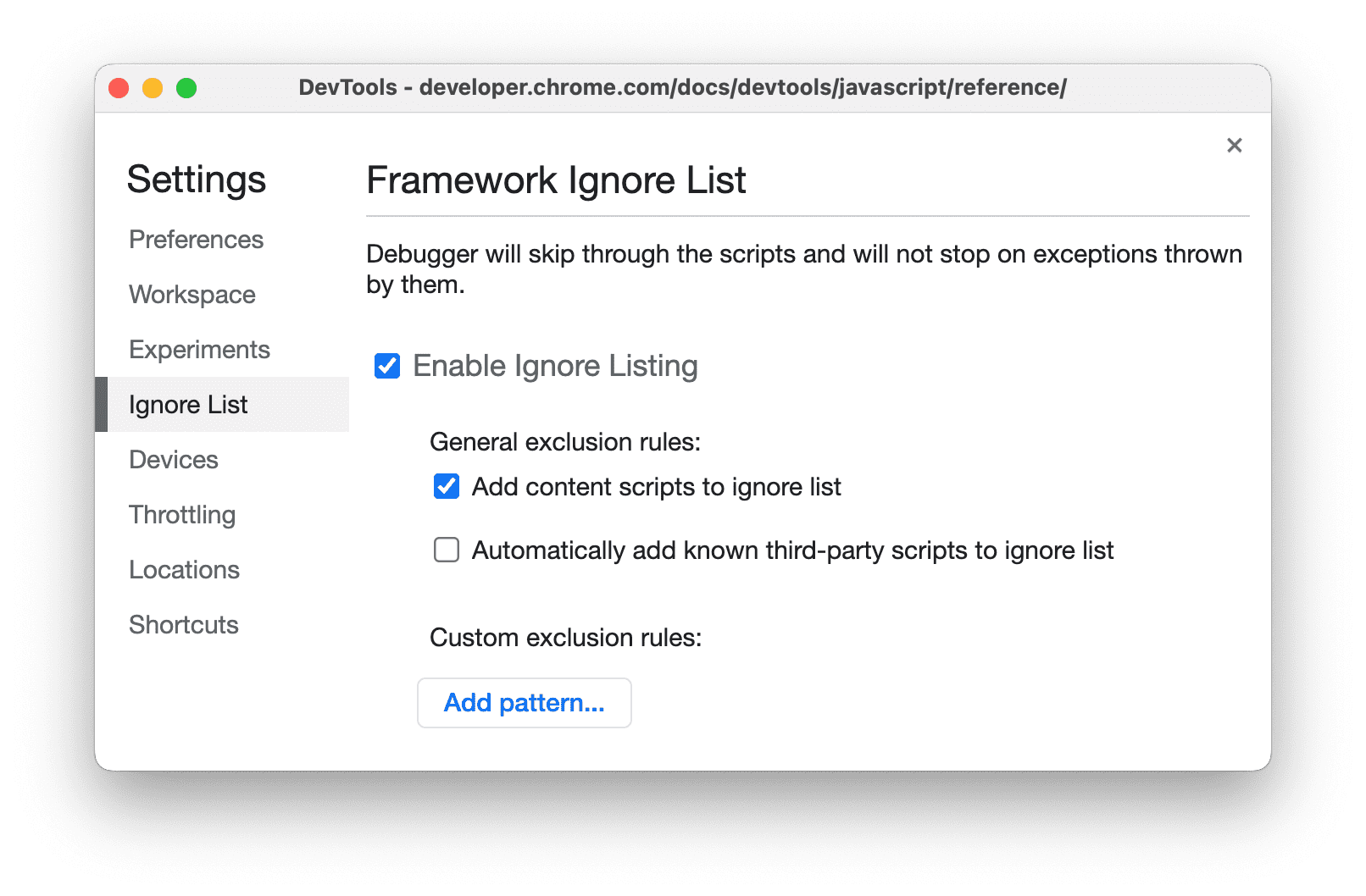 拡張機能のコードを無視するように DevTools を設定する。