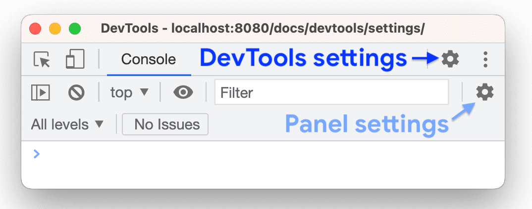 맨 위에 있는 작업 모음에 있는 일반 DevTools 설정과 패널의 작업 모음에 있는 패널 설정입니다.