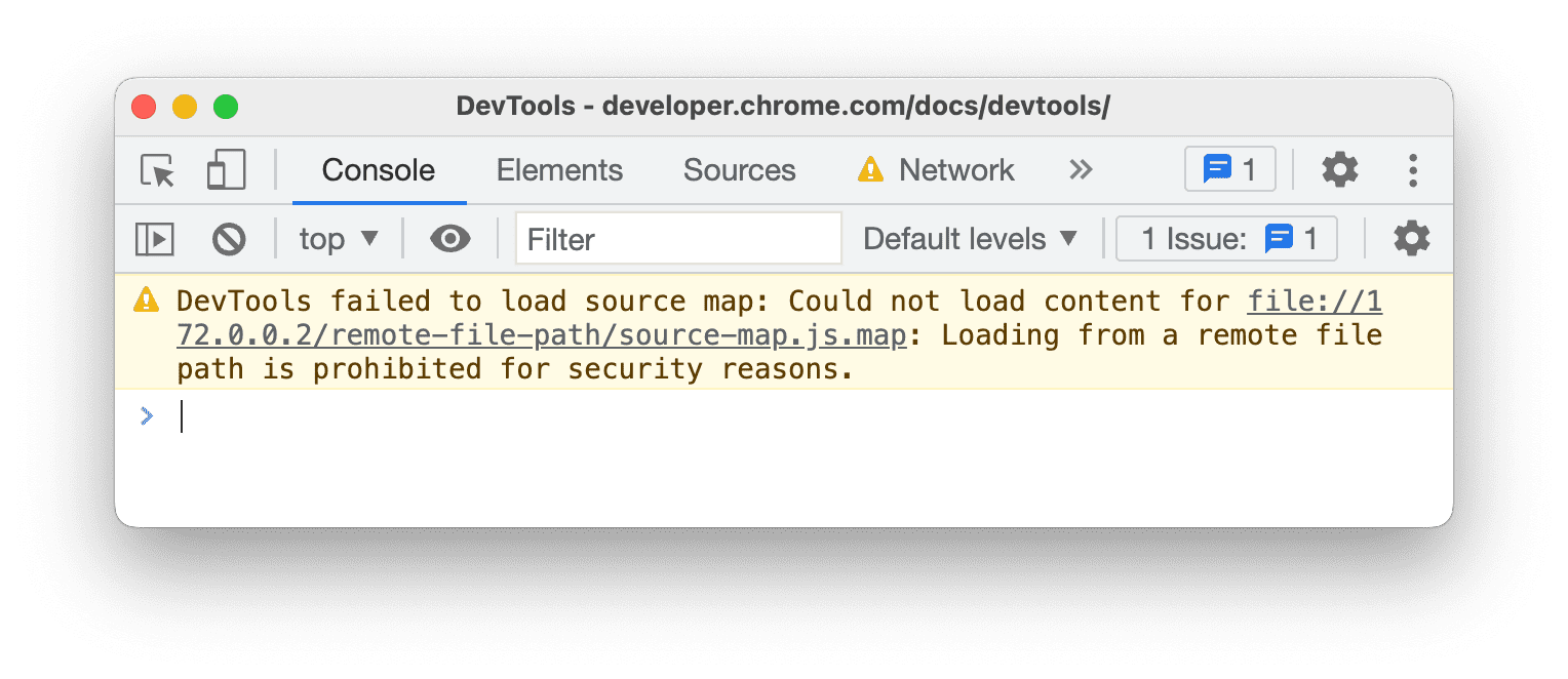 Uma mensagem no Console informando que o carregamento de um caminho de arquivo remoto é proibido por motivos de segurança.