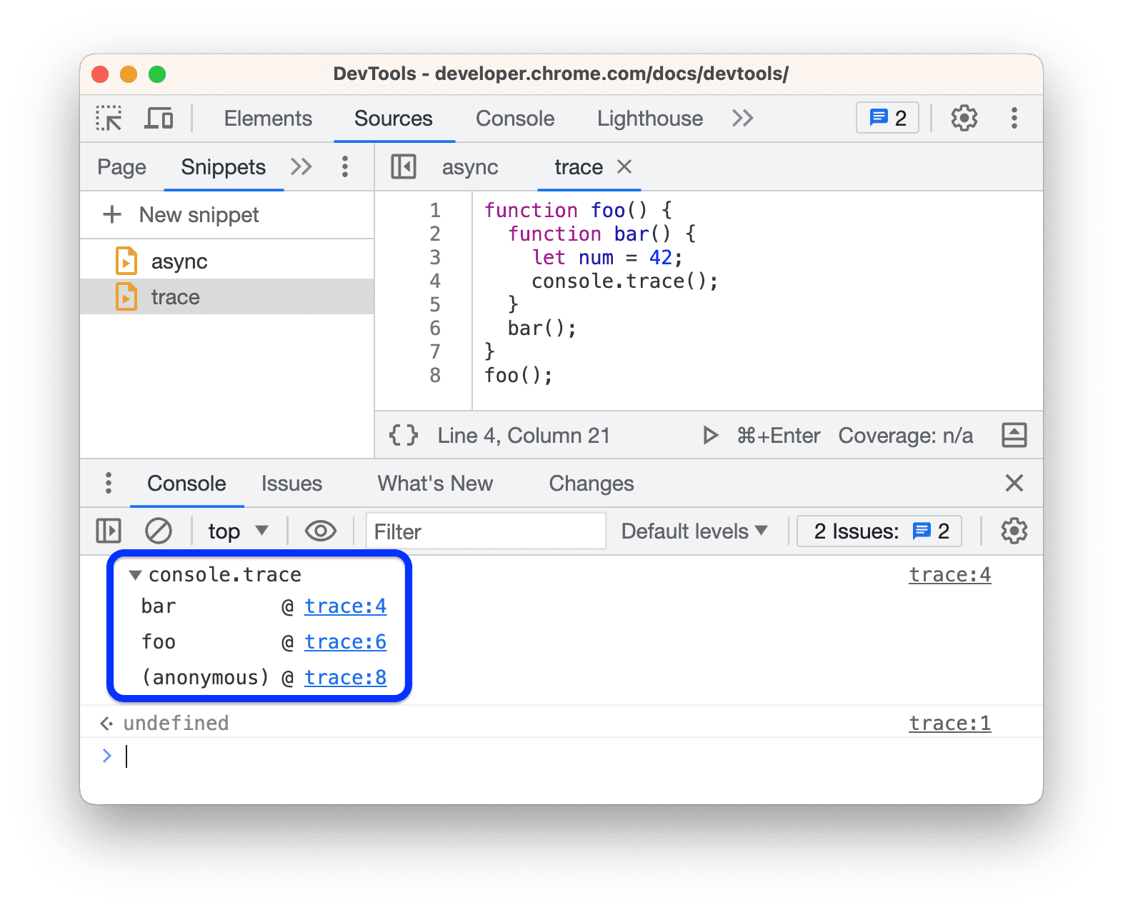 কনসোলে একটি প্রসারিত console.trace() বার্তা৷