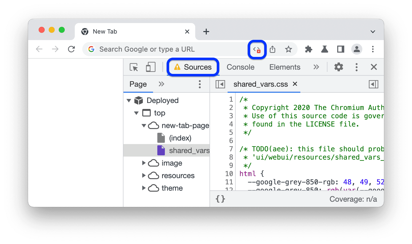 在地址栏中显示一个图标，并在 DevTools 的 Sources 旁边显示一个警告图标。