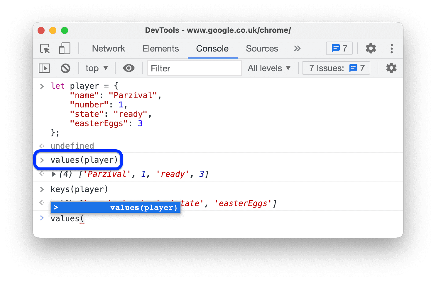 Drop-down Autocomplete dengan opsi perintah dari histori Konsol.