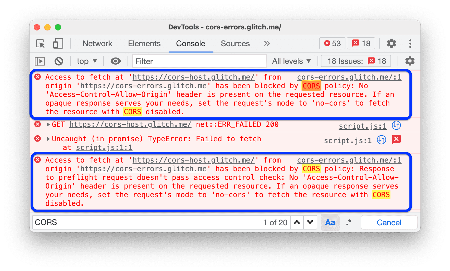 Console menampilkan error CORS.