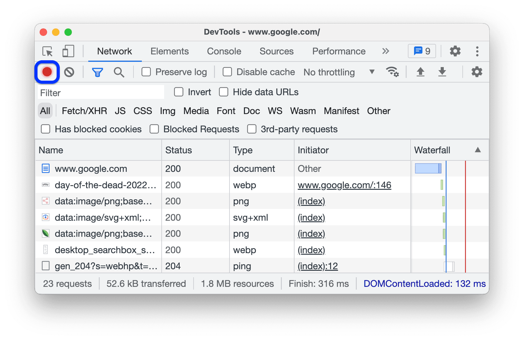 Botão &quot;Record network log&quot; no painel &quot;Network&quot;.