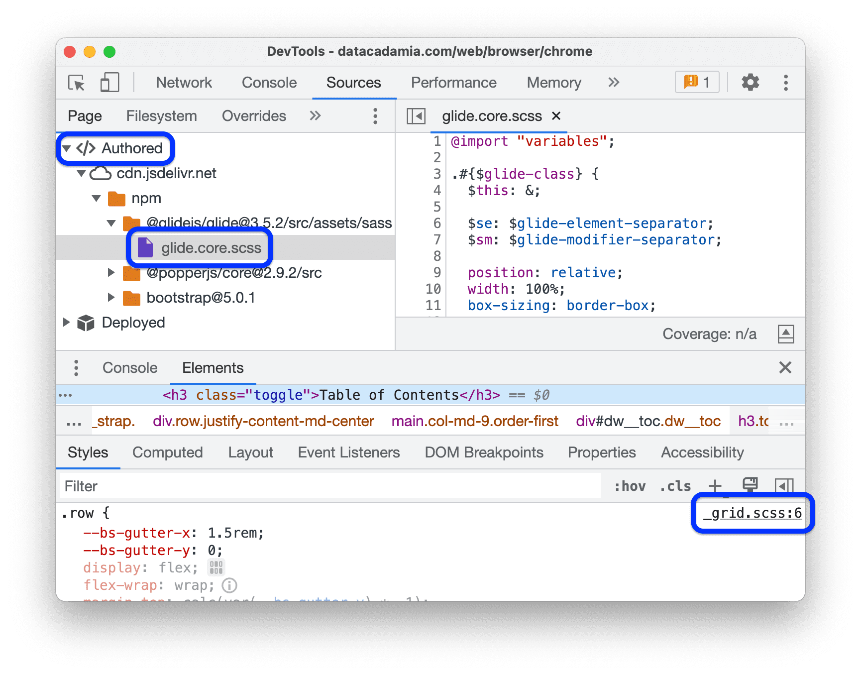 Source 패널에서는 탐색 트리의 Authored(작성됨) 섹션에 .scss 파일이 표시됩니다. Elements 패널의 Styles 창에는 CSS 규칙 옆에 .scss 소스로 연결되는 링크가 표시됩니다.