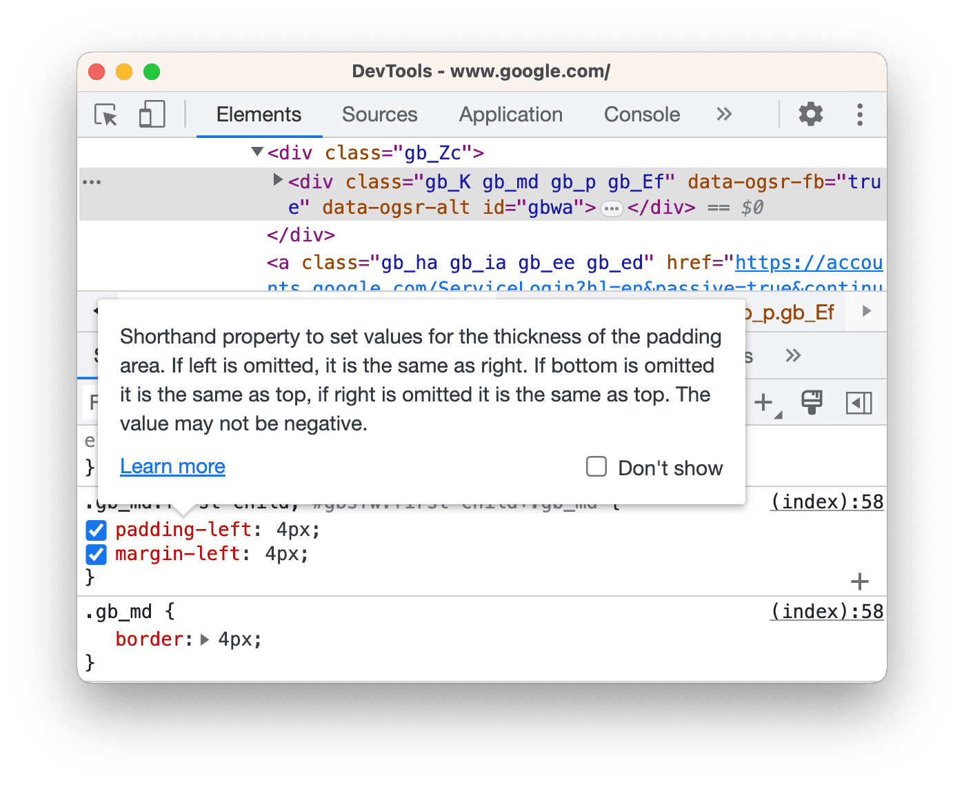 راهنمای ابزار با مستندات در یک ویژگی CSS.