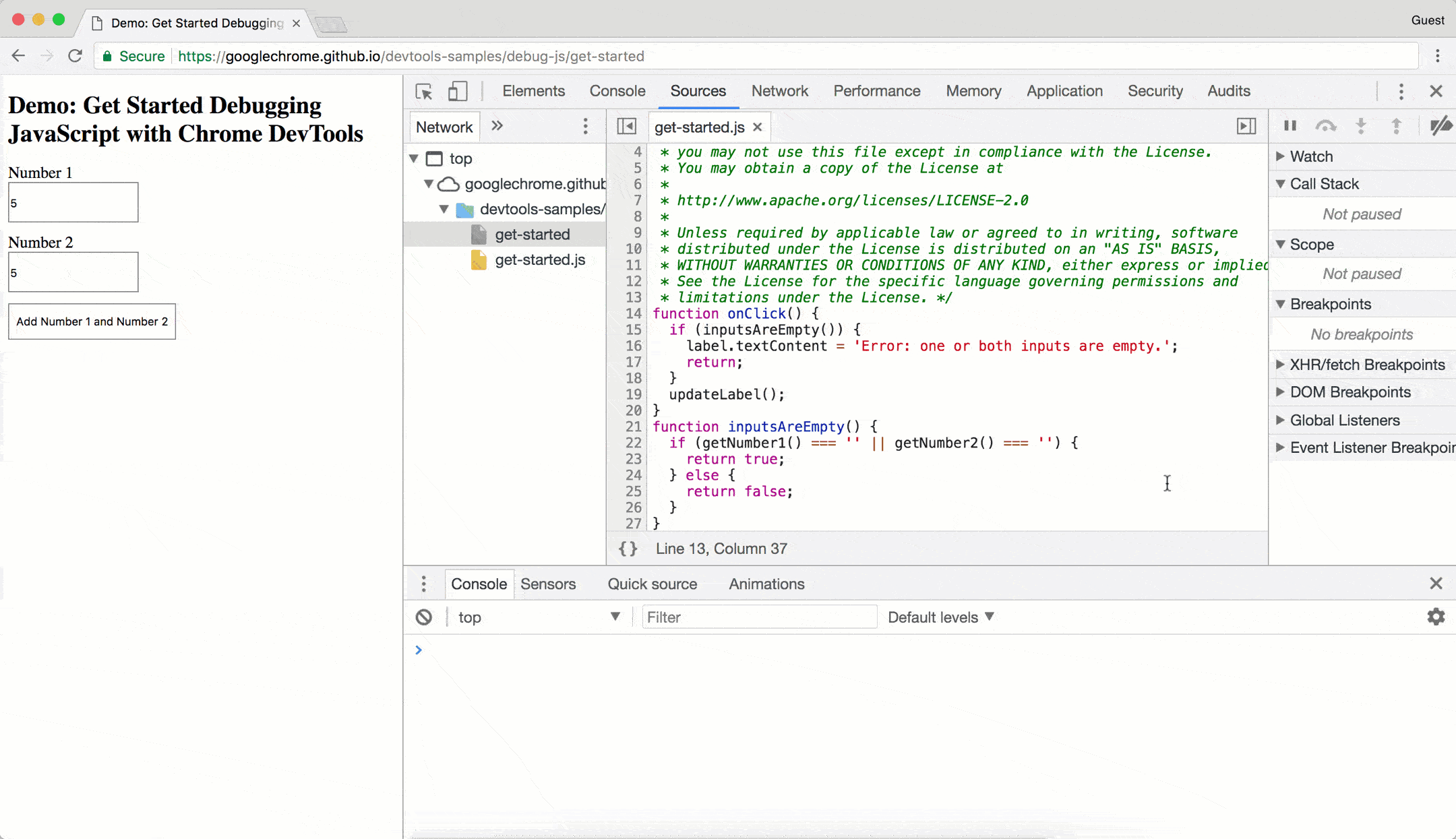 Mengedit JavaScript di tab Editor.