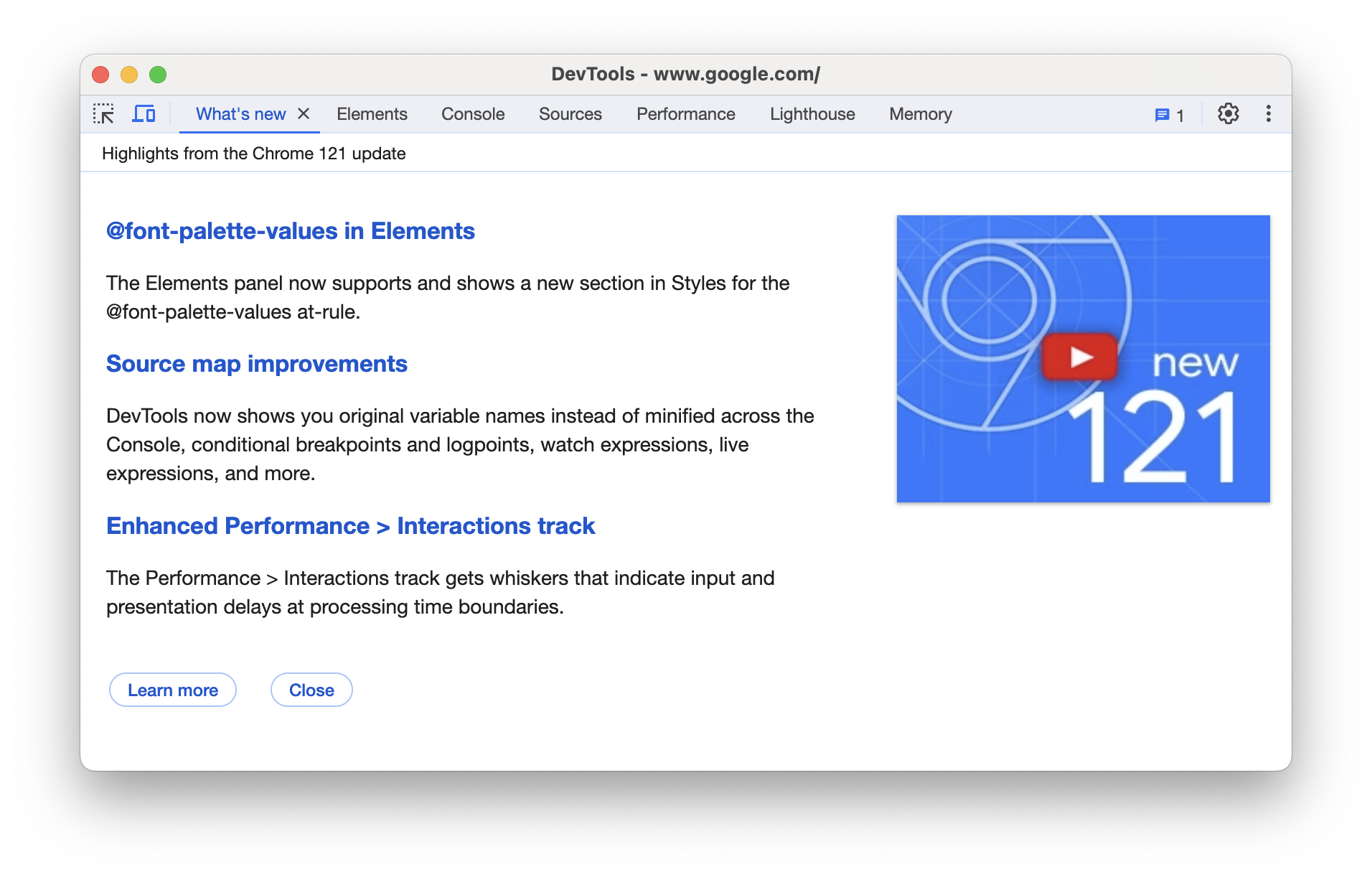 DevTools with What's New panel open