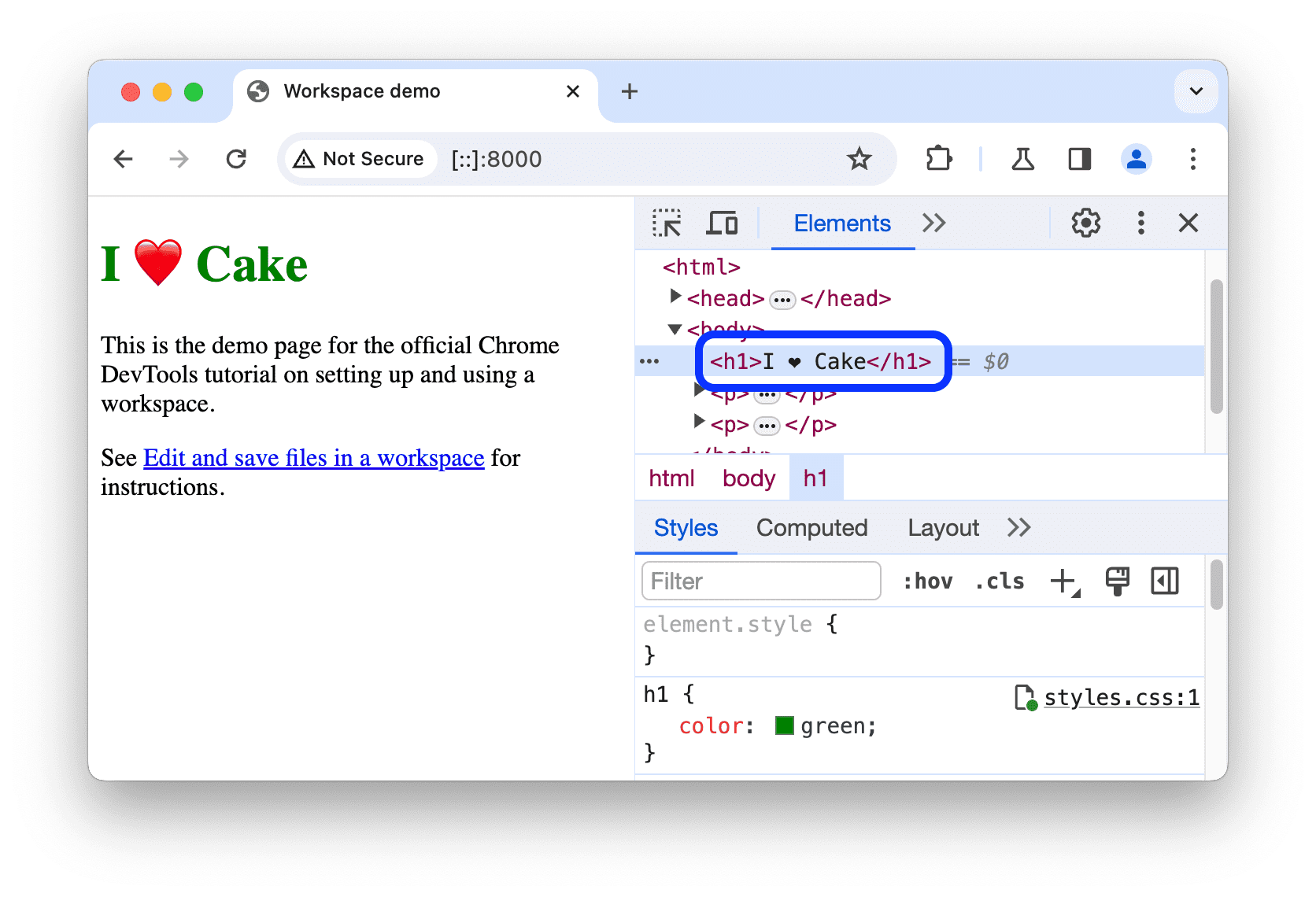 Mencoba mengubah HTML dari Hierarki DOM di panel Elements.