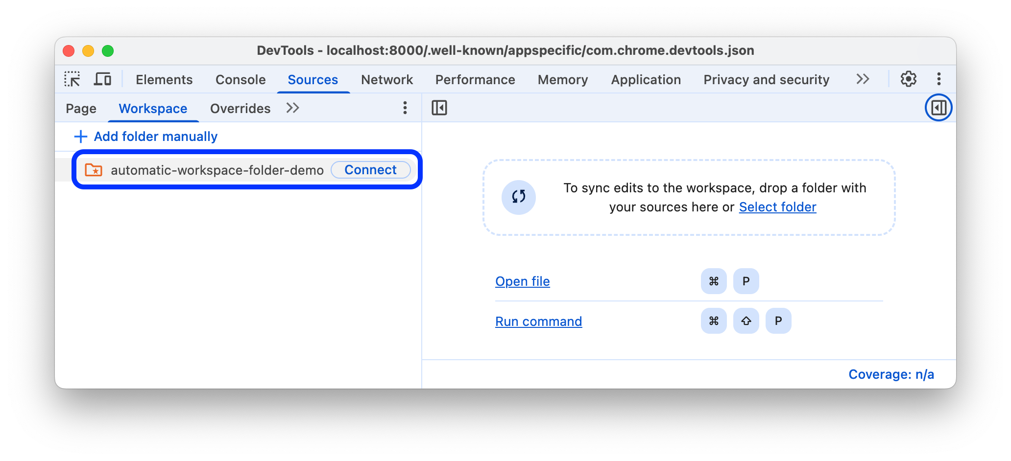 ปุ่มเชื่อมต่อข้างโฟลเดอร์ในแท็บ Workspace