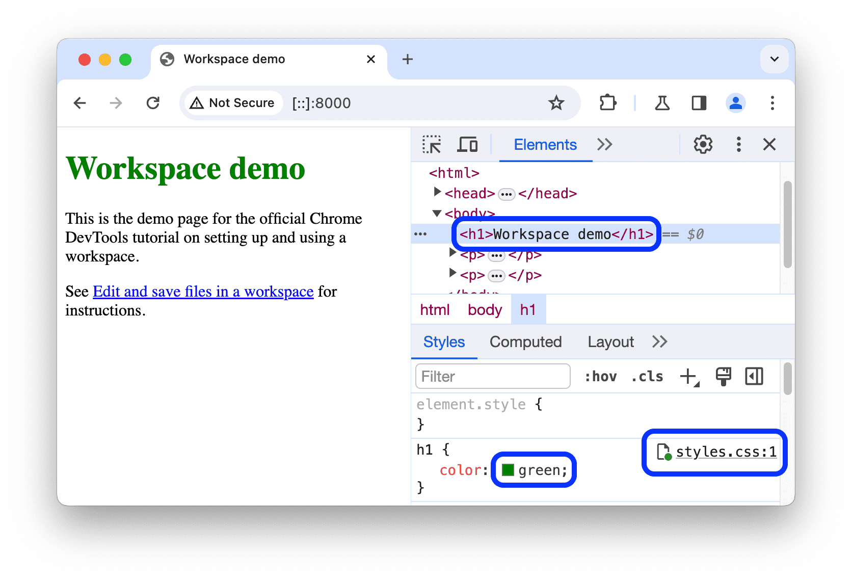 h1 要素の color プロパティを緑色に設定しています。