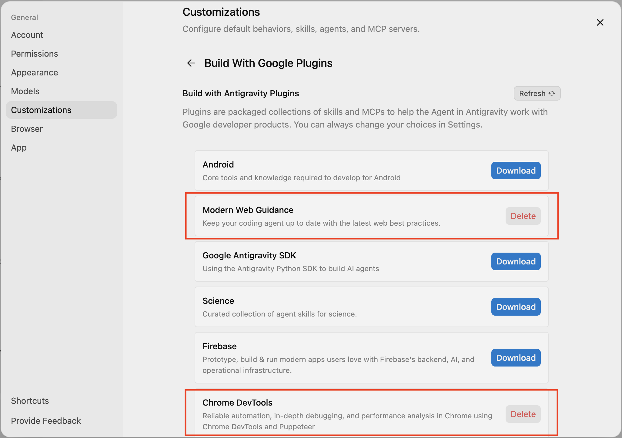 Modern Web Guidance under Build With Google Plugins in Antigravity customizations.