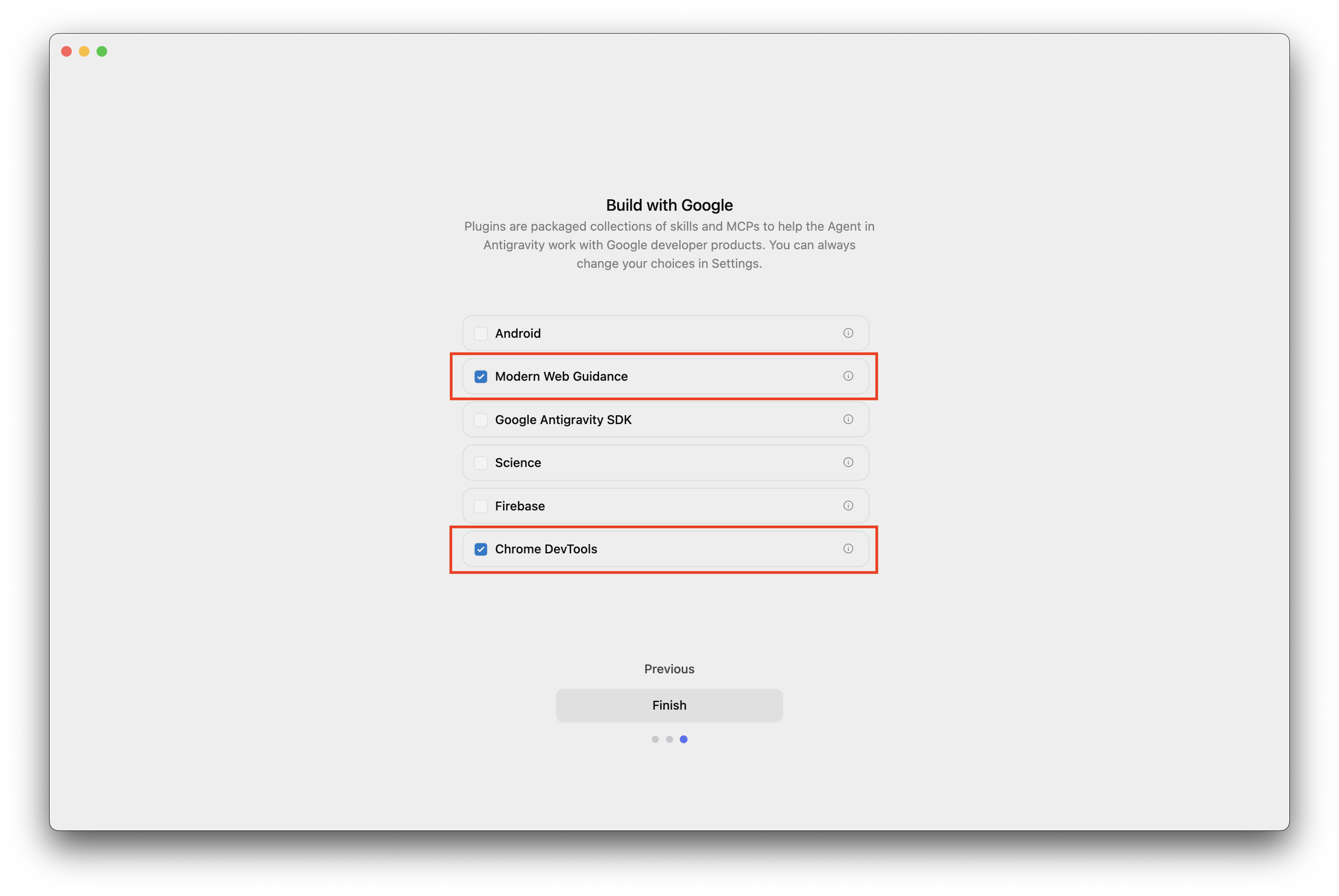 Modern Web Guidance plugin in the Antigravity installation screen.