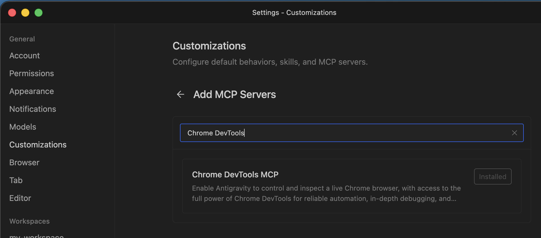 The customization list showing Chrome DevTools added to active MCP servers.