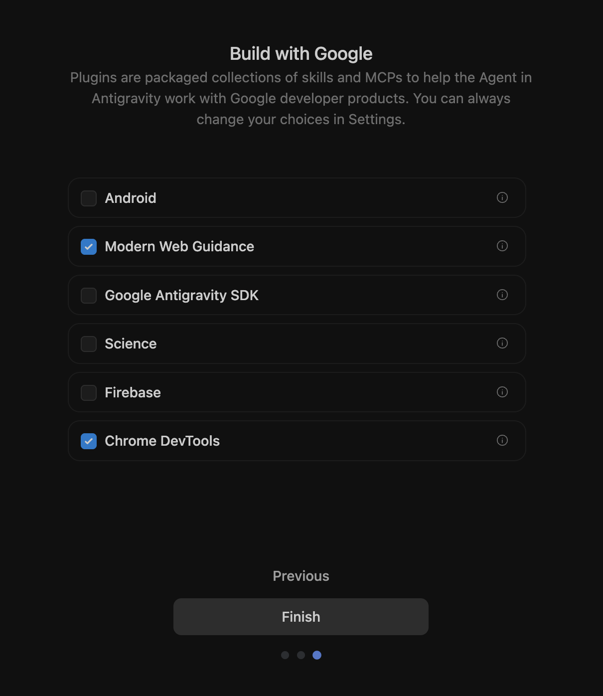 Developer Tools and Modern Web Guidance checkbox options in the Antigravity setup interface.