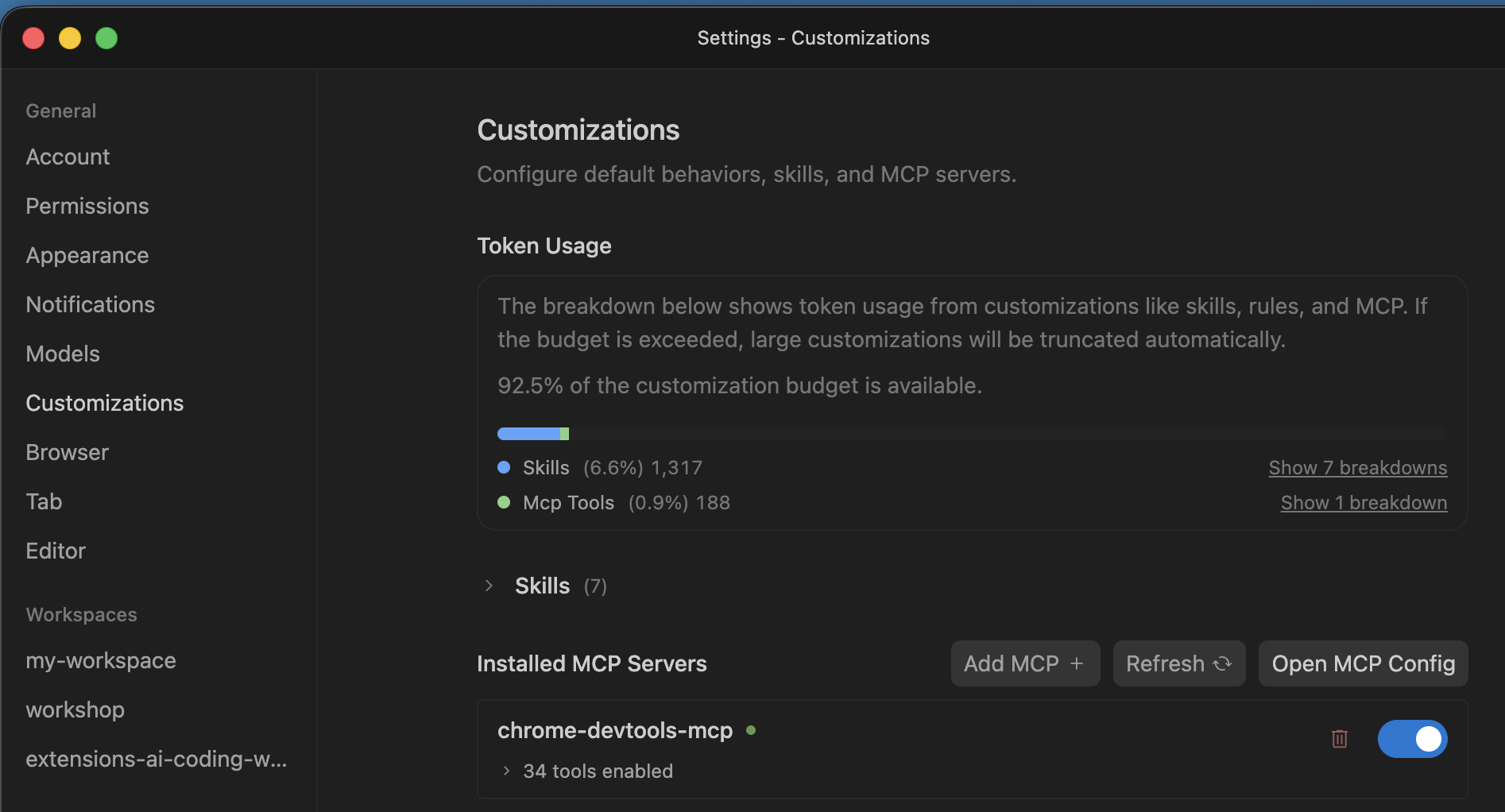 Installing the Chrome DevTools MCP server in the Antigravity interface.