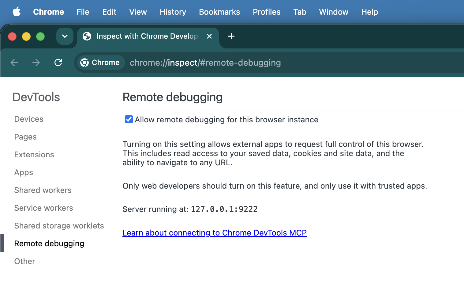 The chrome://inspect page showing the checkboxes for remote debugging.
