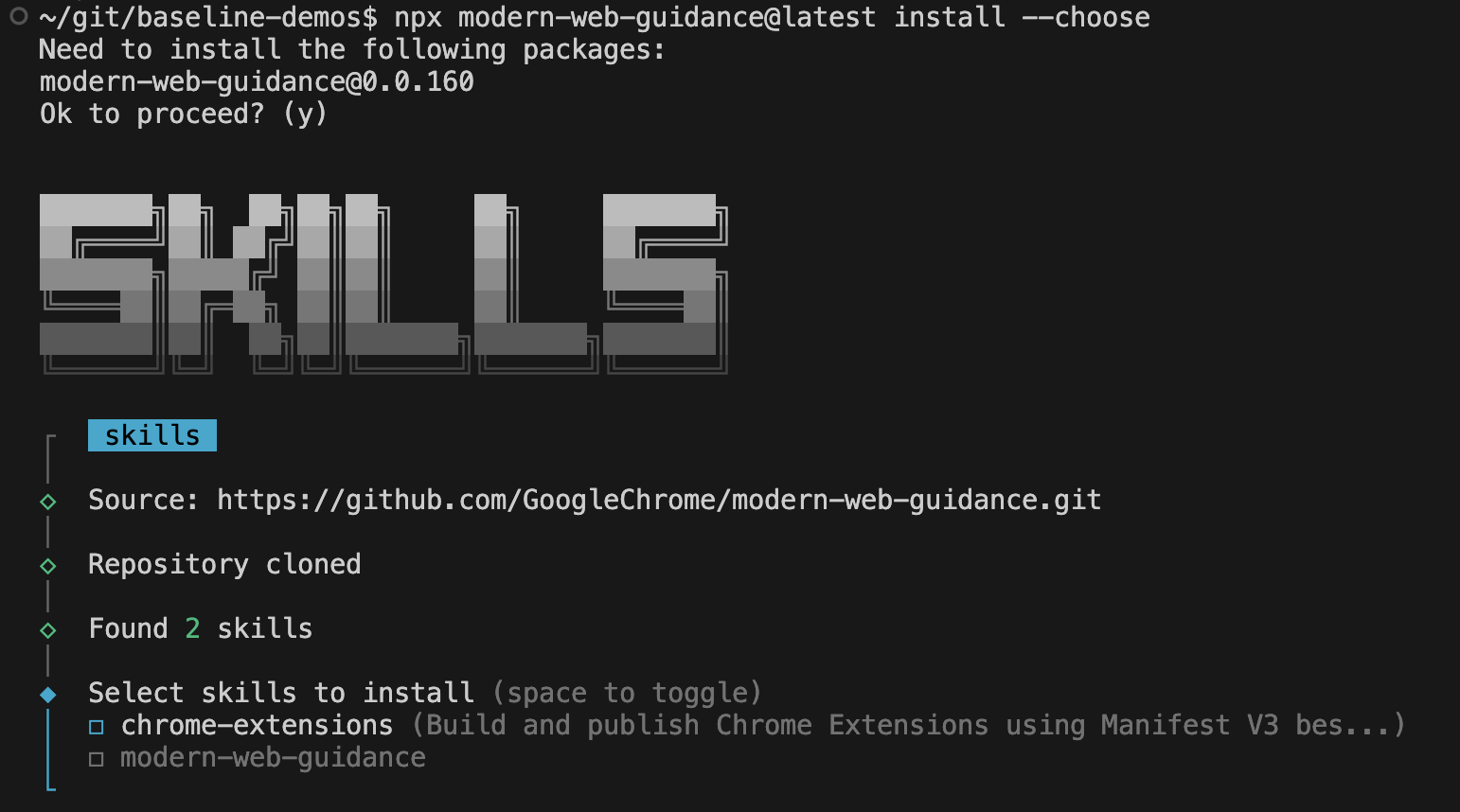 Modern Web Guidance CLI 选择器提示。