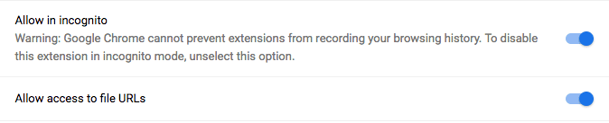 Разрешить URL-адреса файлов и режим инкогнито на странице сведений о расширении.