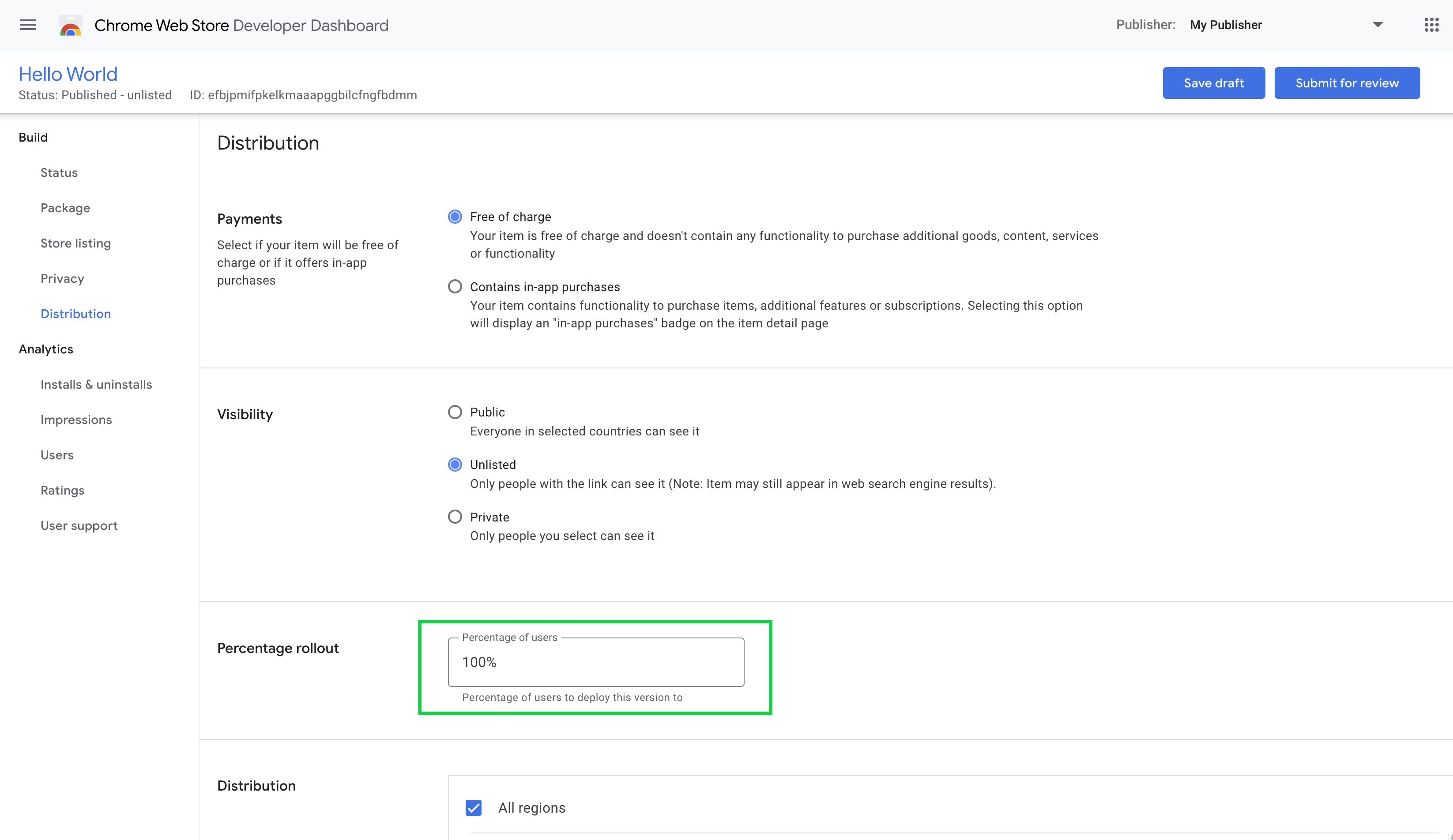 Chrome 应用商店开发者信息中心中显示了“Chrome 应用商店分级发布”字段