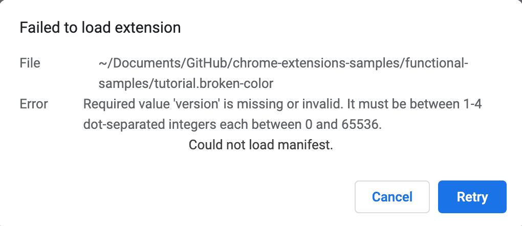 Rozszerzenie z nieprawidłowym kluczem pliku manifestu powoduje wyświetlenie okna z komunikatem o błędzie podczas próby załadowania.