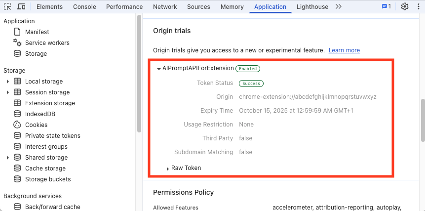 Origin trial information in DevTools Application panel.
