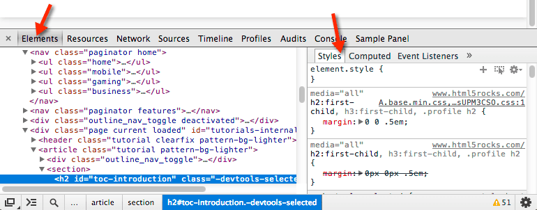 Finestra di DevTools che mostra il riquadro Elementi e il riquadro della barra laterale Stili.