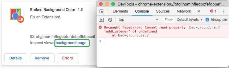 DevTools displaying background script error