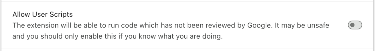 Bouton "Autoriser les scripts utilisateur" sur la page d'informations de l'extension