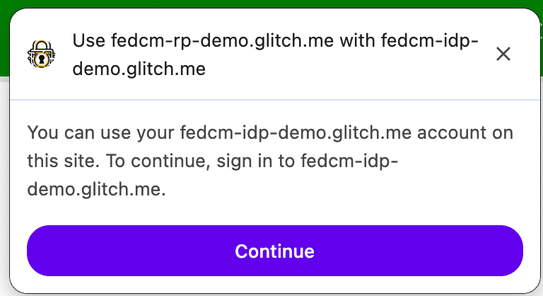 Uma caixa de diálogo da API FedCM mostrando uma mensagem de contexto personalizada: em vez de "Fazer login" com a API FedCM, a mensagem de contexto diz "Usar" a API FedCM.