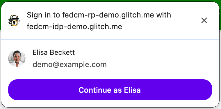 Okno trybu pasywnego FedCM, które nie wyświetla komunikatu interfejsu użytkownika z informacją.