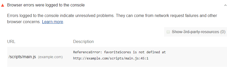 Lighthouse audit showing browser errors in the console