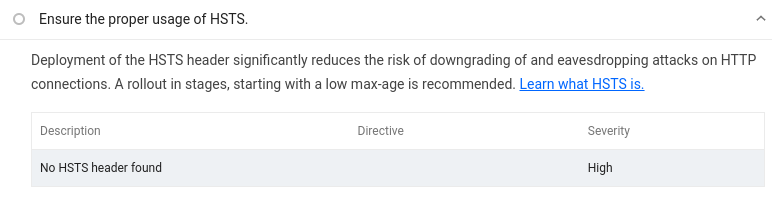 Lighthouse audit warning that no HSTS response header was found.