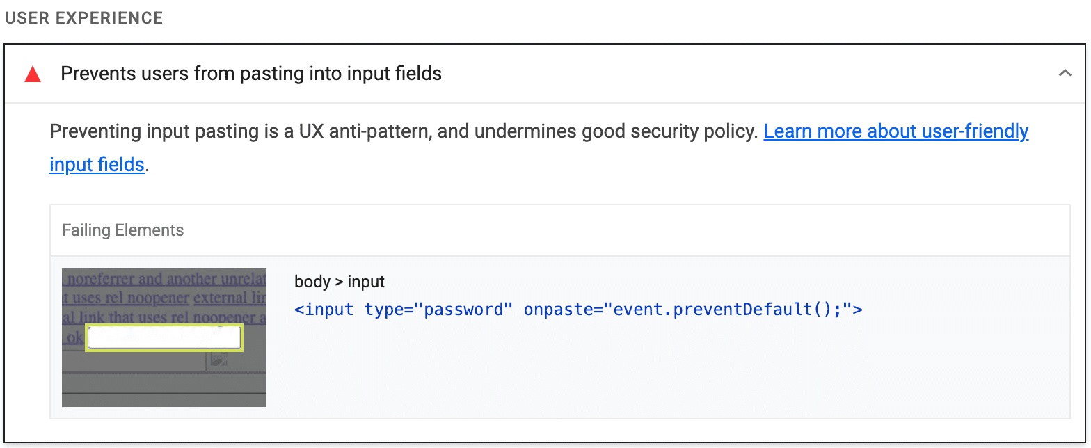 L&#39;audit Lighthouse indique que la page empêche les utilisateurs de coller du texte dans un champ de mot de passe