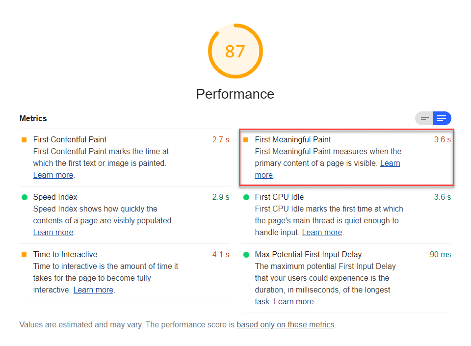 Screenshot audit First Meaningful Paint Lighthouse