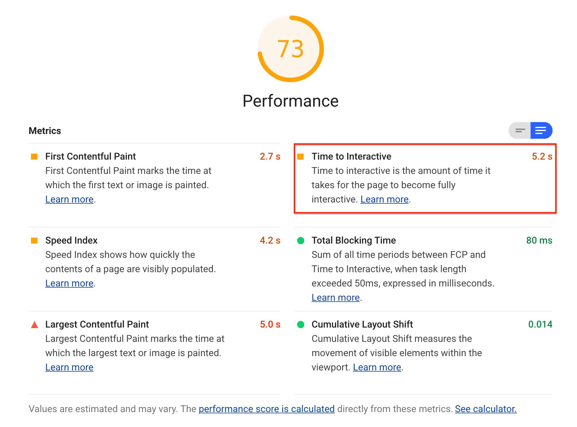 A screenshot of the Lighthouse Time to Interactive audit