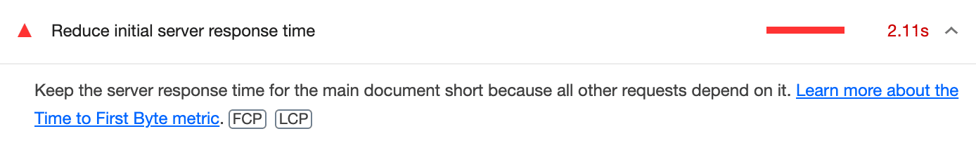 लाइटहाउस के &#39;सर्वर के रिस्पॉन्स में लगने वाला समय कम है&#39; ऑडिट का स्क्रीनशॉट