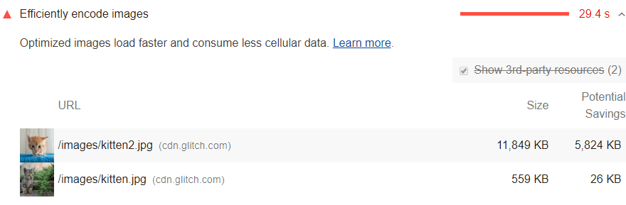 Een screenshot van de Lighthouse Efficiënt coderen van afbeeldingen-audit