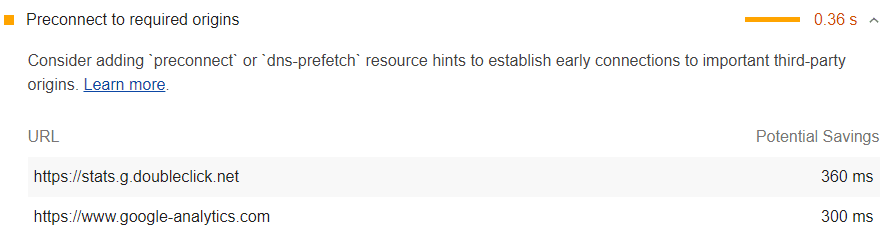 Screenshot audit Preconnect ke origin yang diperlukan di Lighthouse
