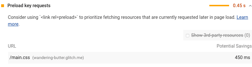 Lighthouse のキー リクエストのプリロード監査のスクリーンショット