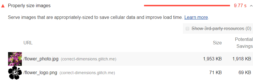 Captura de tela da auditoria &quot;Defina um tamanho adequado para as imagens&quot; do Lighthouse