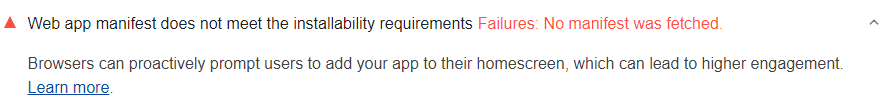 显示用户无法从主屏幕安装 Web 应用的 Lighthouse 审核报告