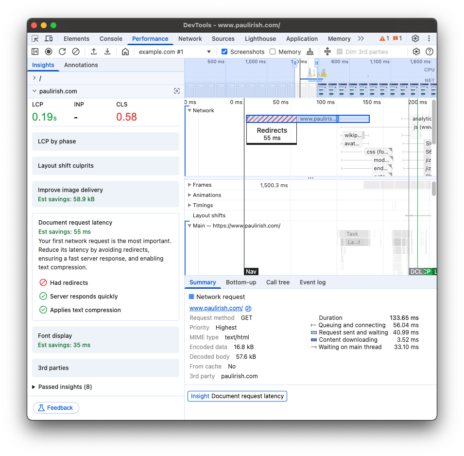 DevTools melaporkan bahwa latensi dokumen dapat dikurangi dengan menghilangkan pengalihan
