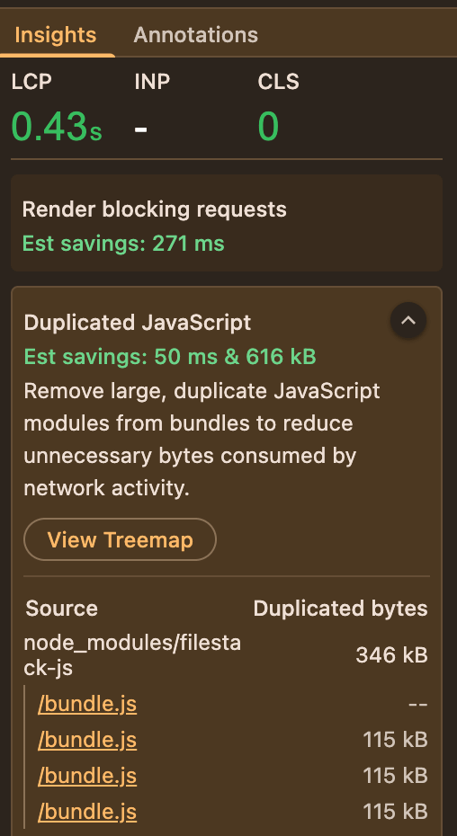 Botão "Exibir mapa de árvore" do painel de desempenho das DevTools