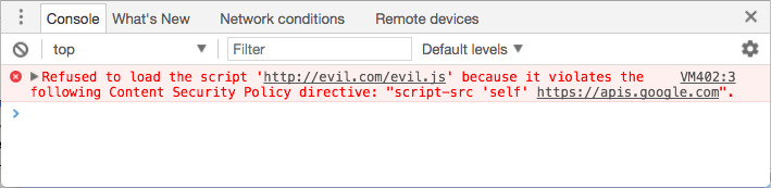 שגיאה במסוף: סירבנו לטעון את הסקריפט &#39;http://evil.example.com/evil.js&#39; כי הוא מפר את ההוראה הבאה של Content Security Policy: script-src &#39;self&#39; https://apis.google.com