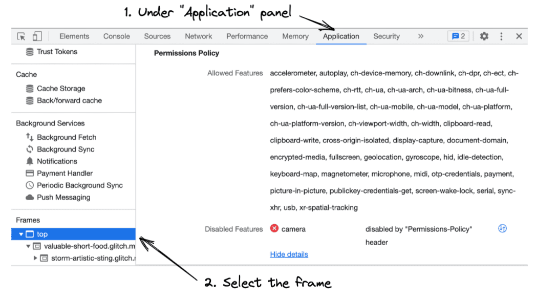 অনুমতি নীতির সাথে Chrome DevTools ইন্টিগ্রেশন