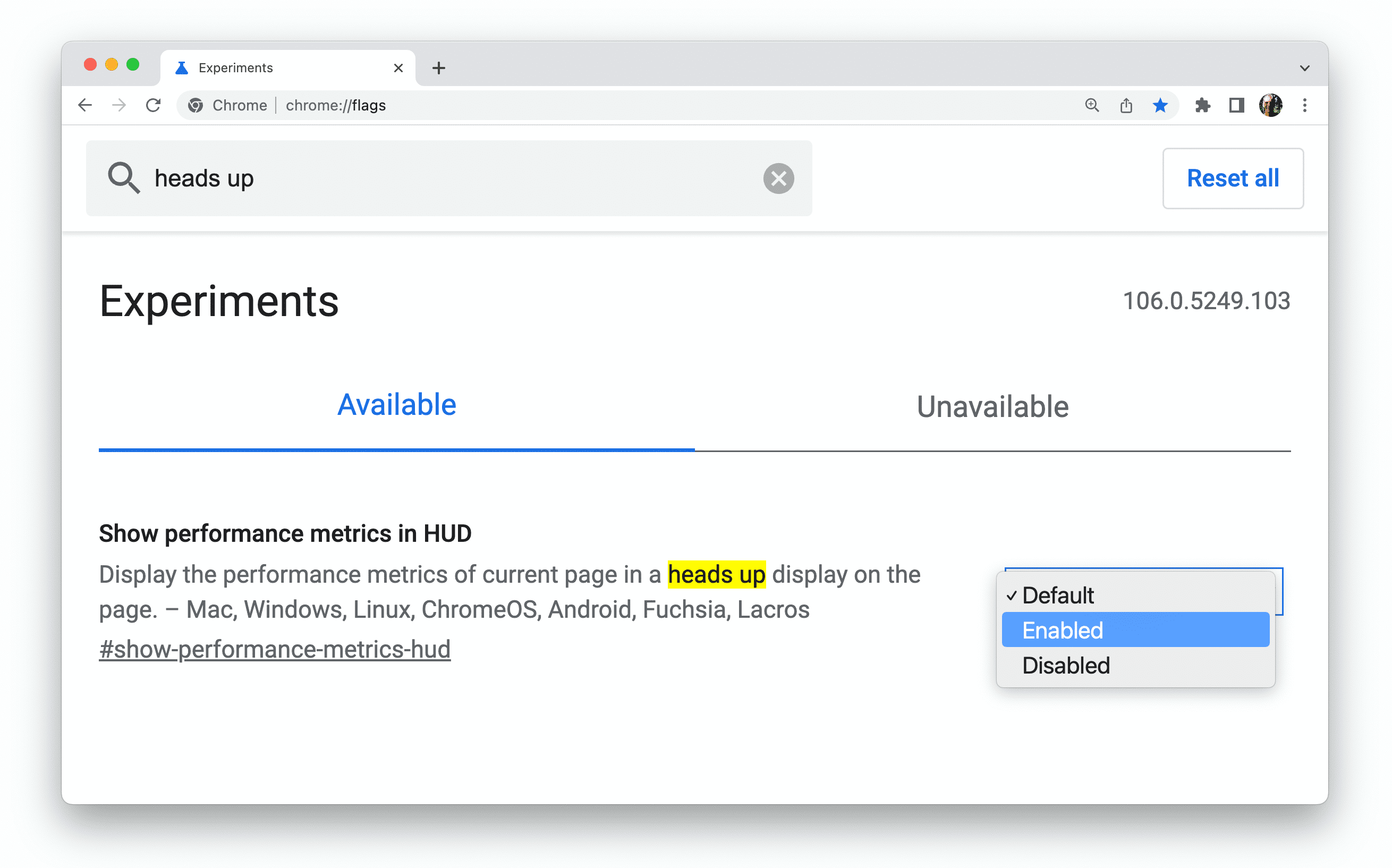 HUD フラグが有効になっている chrome://flags ページ。