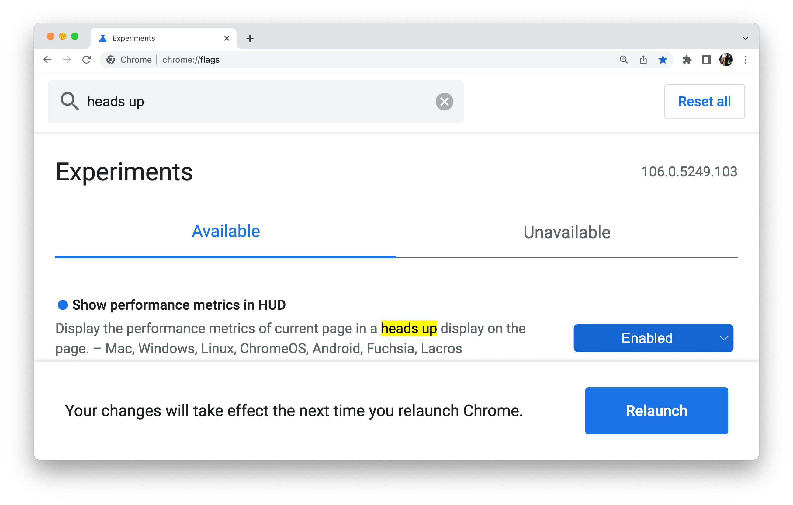 更新標記後，Chrome 會提示您重新啟動瀏覽器。